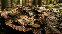 Brown bracket fungi growing on decaying log in forest environment with natural moss and woodland background for nature photography projects.