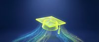 Glowing graduation cap with digital light trails flowing downward on dark blue background, representing online education, e-learning, and digital knowledge pathways.