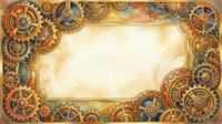Steampunk gear frame with vintage watercolor texture, golden mechanical cogs forming decorative border, blank center space for text or design.