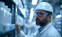 Middle Eastern male engineer wearing hardhat and glasses inspects industrial equipment in modern manufacturing facility with blue-tinted lighting and technical environment.