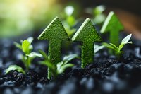 Green textured upward arrows emerging from dark soil with small sprouting plants symbolizing sustainable growth and environmental progress.
