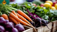 Fresh organic vegetables at farmers market including carrots, radishes, leafy greens and colorful produce for healthy cooking and nutrition.