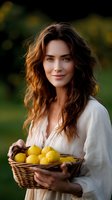 Young Caucasian woman with long brown wavy hair wearing white linen dress holds wicker basket with fresh yellow lemons in garden during golden hour sunset.