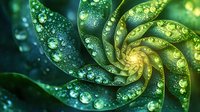 Spiral pattern of green leaves with morning dew drops creating natural fractal design. Macro photography captures water droplets glistening in sunlight on plant surface.