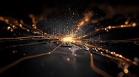 Abstract digital light explosion with glowing orange particles and rays bursting from center point against dark background, creating dynamic motion effect.