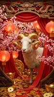 White goat with golden horns stands amid pink blossoms, red lanterns, and gold coins in ornate Asian-inspired setting for festive celebrations.