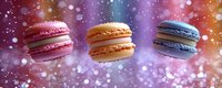 Colorful macarons floating against a dreamy bokeh background with pink, orange, and blue hues creating a magical dessert scene.