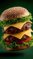 Double cheeseburger with fresh lettuce, tomato, and beef patties on sesame seed bun against dark green background. Close-up food photography shows juicy details.