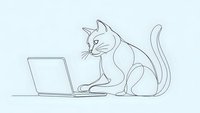 Minimalist line art cat sitting at laptop computer working from home office setup. Single continuous drawing style pet using technology for remote work or online learning.