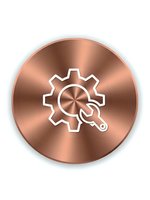 Copper metallic circular button with gear and wrench icon isolated on transparent background for web design and user interface applications.