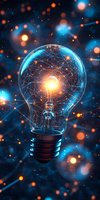 Glowing lightbulb with network connections and particles on dark background, illuminated in blue and orange colors creating futuristic atmosphere.