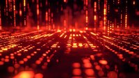 Abstract digital landscape with glowing red and orange light streams creating futuristic technology grid pattern against dark background.