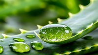 Fresh aloe vera leaf with pure drops of gel essence captured in macro. Natural organic skincare and wellness concept showing medicinal plant properties.