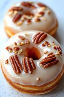 Glazed donuts topped with pecan nuts and white icing, macro food photography showing texture and details of fresh baked pastries on light background.