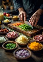 Chef hands chopping fresh herbs on wooden cutting board surrounded by colorful ingredients in bowls for cooking preparation in rustic kitchen.