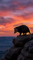 Opossum silhouette on rocky cliff against dramatic sunset sky with vibrant orange and purple clouds over landscape for wildlife photography projects.