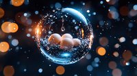 Transparent glass Christmas ball with delicate snowflakes and glowing bokeh lights creating magical winter holiday atmosphere against dark background.