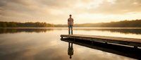 Young man standing on wooden dock at peaceful lake during golden hour sunset with perfect water reflection creating serene outdoor meditation moment.