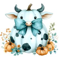 Cute pumpkin shaped like spotted cow with teal bow, horns and ears, surrounded by orange pumpkins and floral elements in watercolor style on white background.