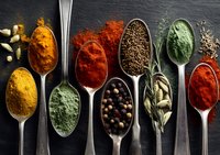 Colorful array of aromatic spices in vintage silver spoons on dark slate background, featuring turmeric, paprika, coriander, and peppercorns.