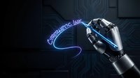 Futuristic robotic hand drawing glowing blue cybernetic ink text with advanced technology interface background for artificial intelligence concepts.