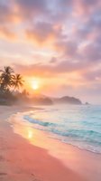 Serene tropical beach at sunrise with golden sun reflecting on calm waters, pink sand, gentle waves, and palm trees silhouetted against colorful sky for travel and vacation concepts.