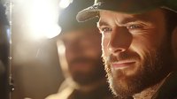 Bearded Caucasian man in baseball cap smiling confidently in dramatic lighting, close-up portrait showing genuine expression and natural stubble beard.