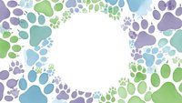 Colorful watercolor paw prints frame with white center space for text. Pet care, veterinary, animal lover design in purple, green, blue tones.
