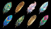 Decorative feathers in various colors and styles isolated on transparent background, ready for t-shirt designs, clipart, stickers, sublimation, print-on-demand products and digital crafts.