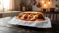 Freshly baked pepperoni pizza on white paper in rustic kitchen setting with warm lighting and cooking utensils in background.
