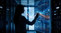 Professional woman interacting with futuristic holographic interface in modern data center with glowing blue circuit patterns and digital technology displays.