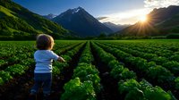 Young child exploring organic vegetable farm rows at golden hour sunrise with majestic mountain backdrop and lush green agricultural landscape.