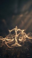 Golden digital justice scales with glowing particles on circuit board background representing legal technology and artificial intelligence in law.