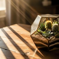 Geometric glass terrarium with succulent plants and cacti on wooden table in warm sunlight creating natural home decor atmosphere for modern interior design.