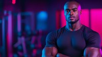 Young athletic African American man in black t-shirt standing in gym with neon pink and blue lighting, muscular build and confident expression for fitness and sport concepts.