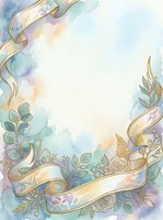 Watercolor floral frame with gold ribbon banner, pastel blue and purple tones, roses and leaves, elegant border for wedding or greeting card design.