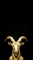 Geometric golden goat head with curved horns and faceted surface on black background, particles dispersing upward, isolated design element for luxury branding and modern art projects.