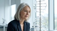 Mature Caucasian female scientist in business suit examining DNA double helix model in modern laboratory for genetic research and biotechnology studies.