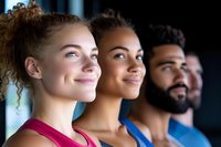 Diverse group of young fitness enthusiasts looking up with confident expressions, wearing athletic wear. Wellness and personal growth concept.