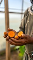 Farmer holding fresh turmeric roots with cut sections showing vibrant orange interior in greenhouse setting for agricultural and culinary use.