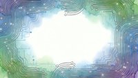 Abstract digital circuit board frame with glowing connections in blue and green gradient colors on white background for technology designs.