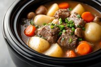 Hearty beef stew with tender meat chunks, whole potatoes, carrots and mushrooms in rich broth garnished with fresh herbs, served in black ceramic pot.