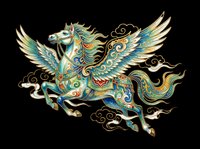 Ornate winged horse with decorative gold and teal patterns, isolated on transparent background. Ready for t-shirt design, clipart, stickers, sublimation, and print-on-demand products.