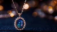 Elegant opal pendant necklace with crystal rhinestone halo setting against dark background with soft bokeh lights, showcasing luxury jewelry detail.