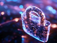 Glowing digital padlock with network connections on dark background with bokeh lights, representing cybersecurity and data protection in modern technology.