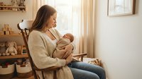 Young Caucasian mother in beige cardigan holding newborn baby in cozy nursery room with natural sunlight streaming through window creating warm atmosphere.