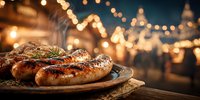 Grilled bratwurst sausages with herbs on wooden plate at festive Christmas market with warm bokeh lights creating cozy holiday atmosphere for seasonal dining.