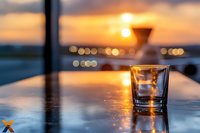 Glass of whiskey on wooden table at sunset with blurred bokeh lights and golden hour atmosphere, reflective surface creates dramatic mood.