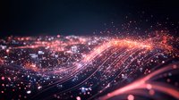 Glowing coral pink and red light trails with sparkles and bokeh effects on dark background create dynamic flowing wave pattern. For technology designs.