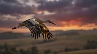 Majestic crane bird soaring through dramatic sunset sky with outstretched wings over blurred landscape. Wildlife photography capturing graceful flight motion.